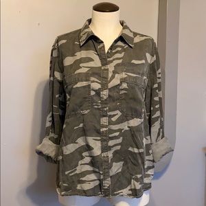 Distressed camo button up